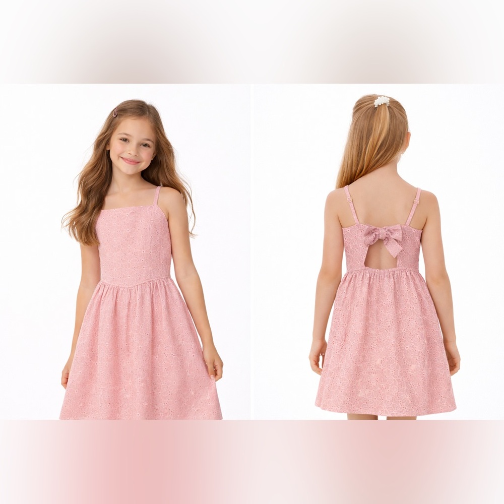 Art Class Girls Pink Eyelet Open Back Bow Dress Size L 10/12